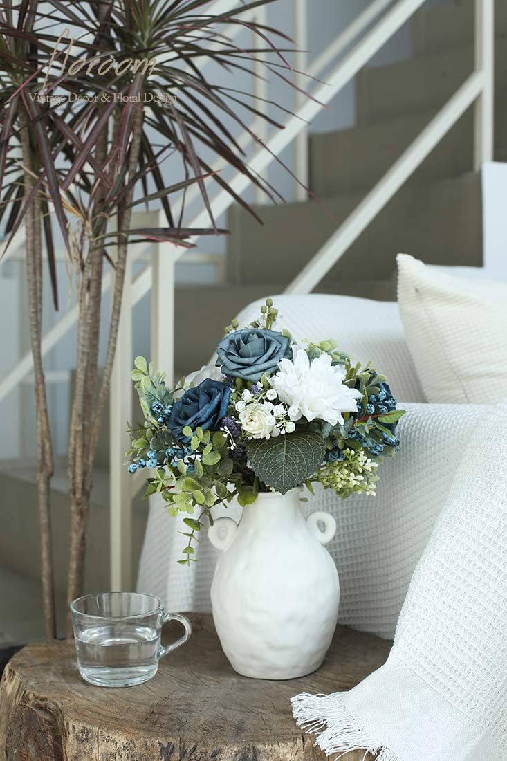 Floroom Artificial Flowers 25pcs Real Looking Dusty Blue Foam Fake Roses with Stems for DIY Wedding