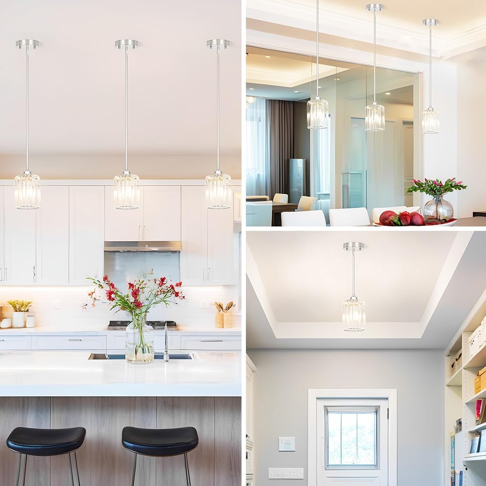 Chrome Kitchen Pendant Lights Over Island with Adjustable Rods - Crystal Pendant Lighting Fixtures