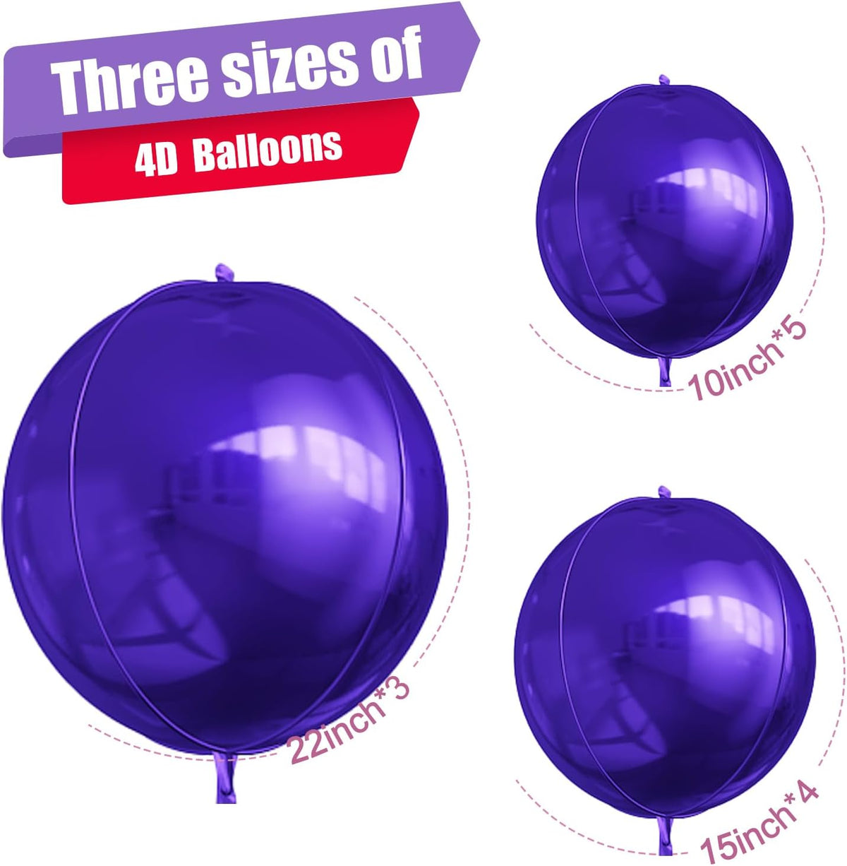 12Pcs Dark Purple Round Foil Balloons, 22" 15" 10" 4D Helium Ball Balloon, Metallic Purple Foil