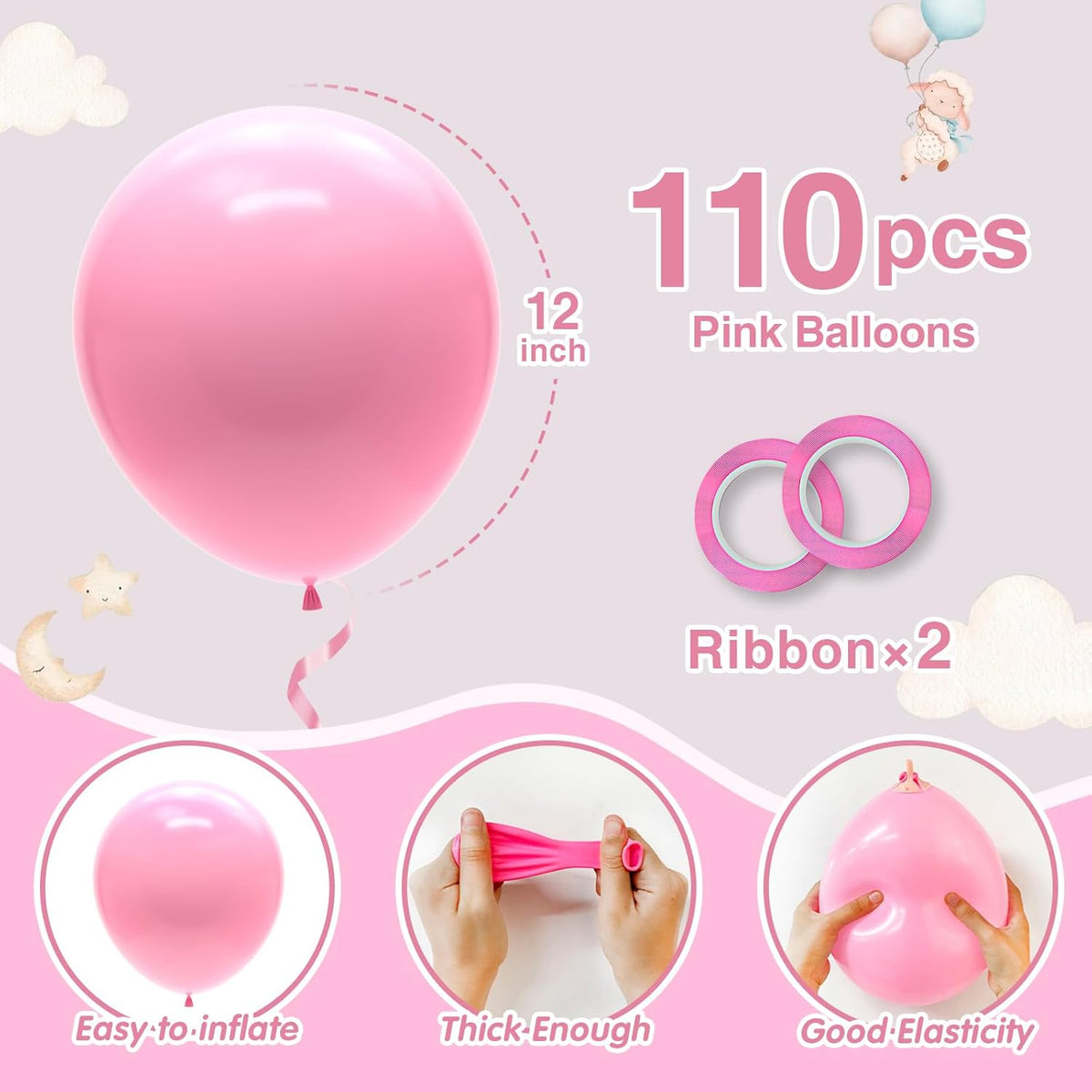 110pcs Pink Balloons 12 Inch Pink Latex Balloon Garland Arch Kit for Birthday Baby Shower