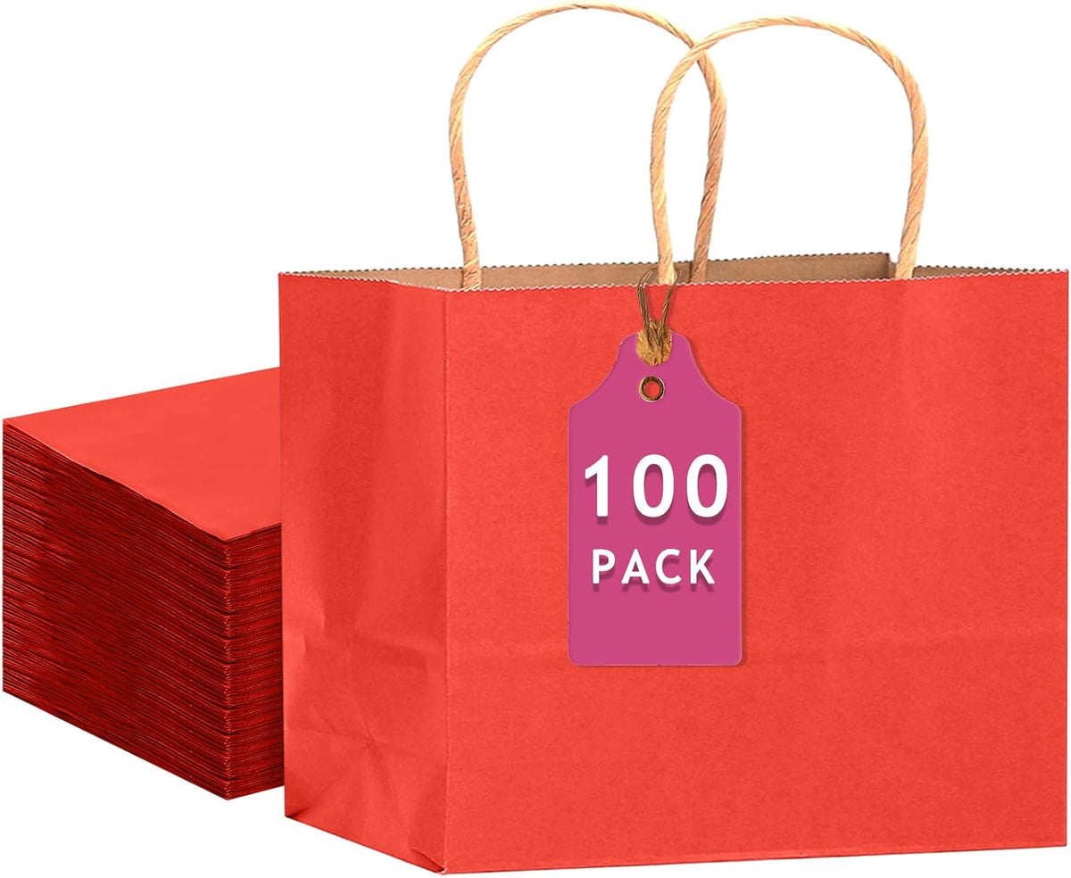 qiqee 100PCS Large Gift Bag with Handles Bulk 13"x4.5"x10" Gift Bags Kraft Red Multiple Uses