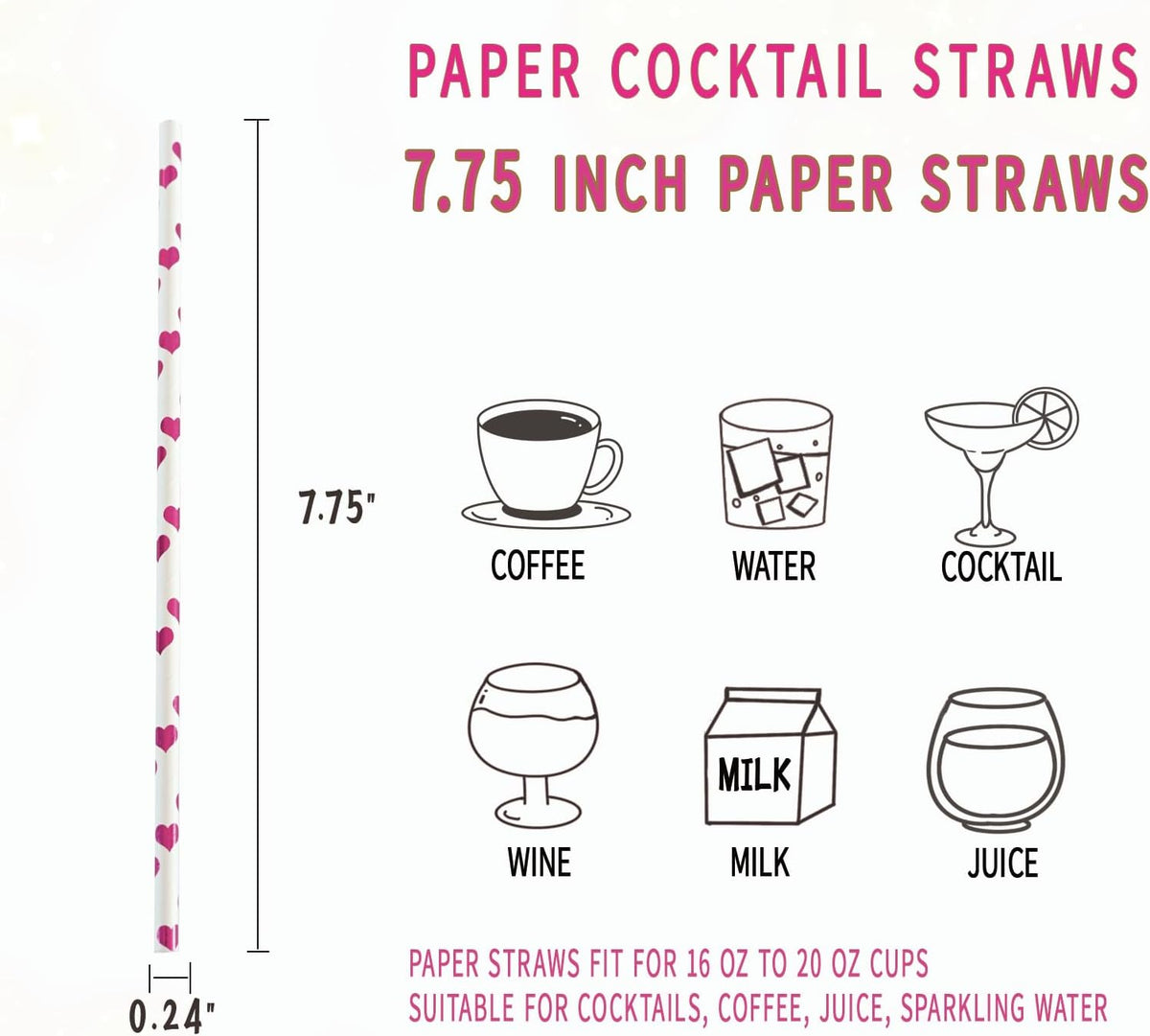 Paper Straws, Disposable Drinking Straws Biodegradable 7.75 inch,for Wedding Birthday Decorative