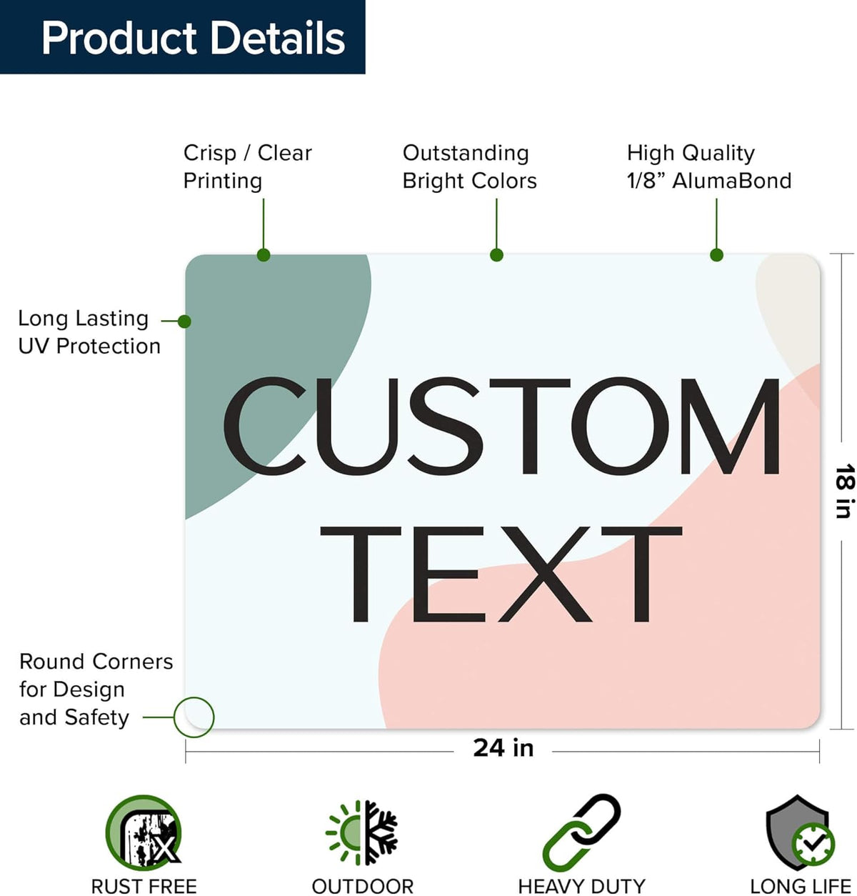 Custom Sign, Custom Street Sign, 11 Font Colors, 13 Font Styles, 4 Hole Options, 22 Sizes, 18x24