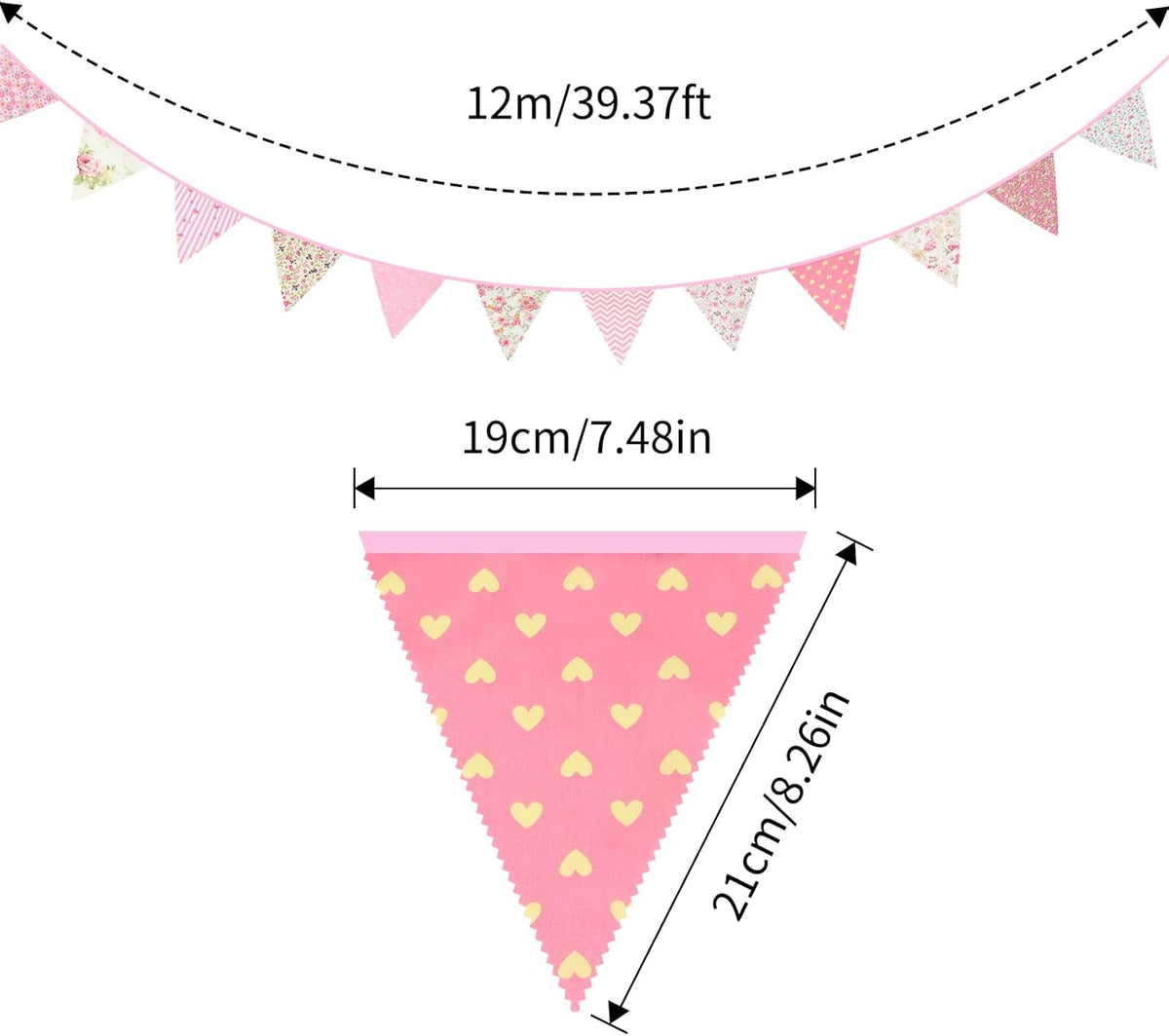 jijAcraft 39Ft Triangle Bunting Banner, 42Pcs Tea Floral Party Bunting Cotton Fabric Flags Pennant