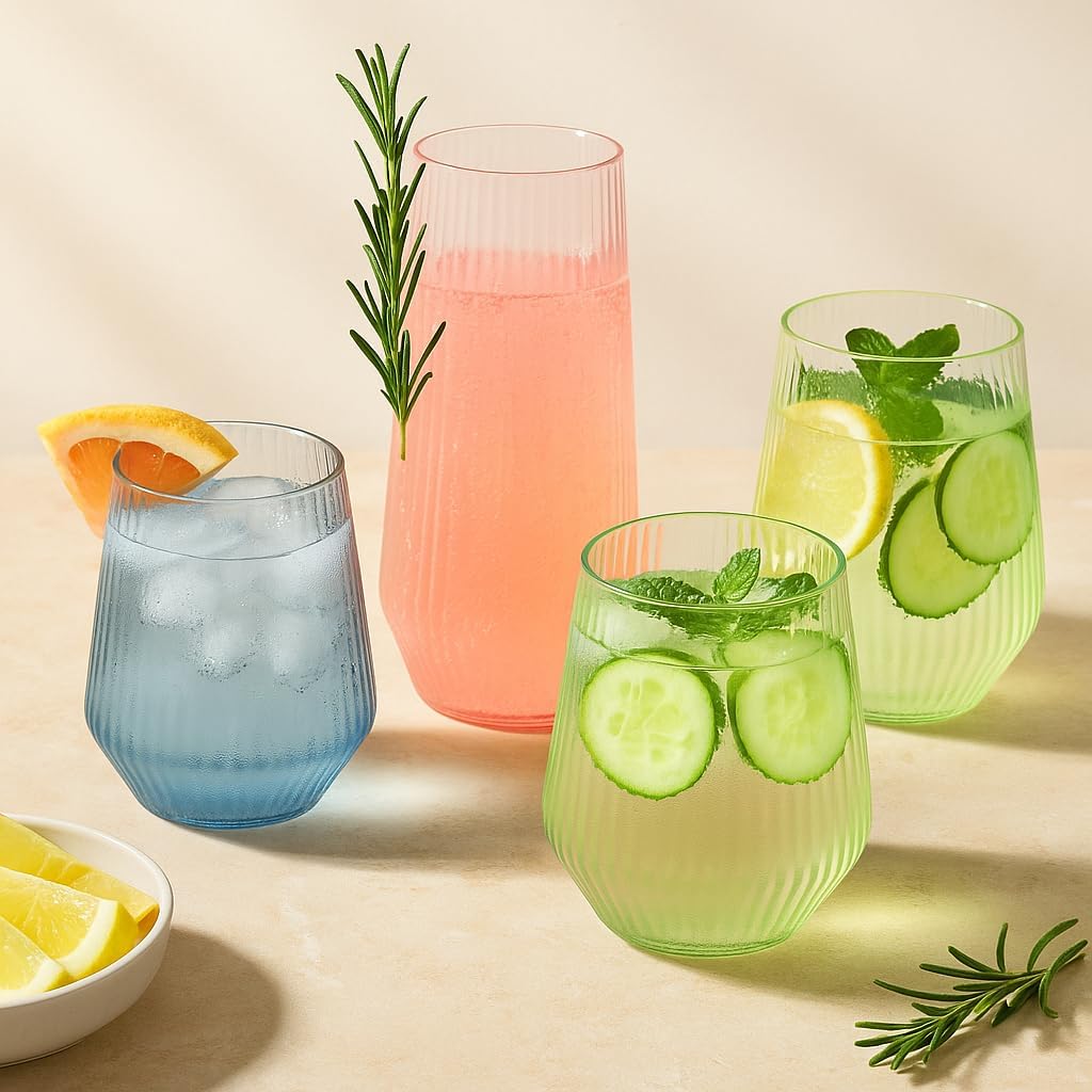48 Pack Ribbed Origami Ripple Plastic Glasses 24 9oz Stemless Champagne Flutes & 24 12oz Cups