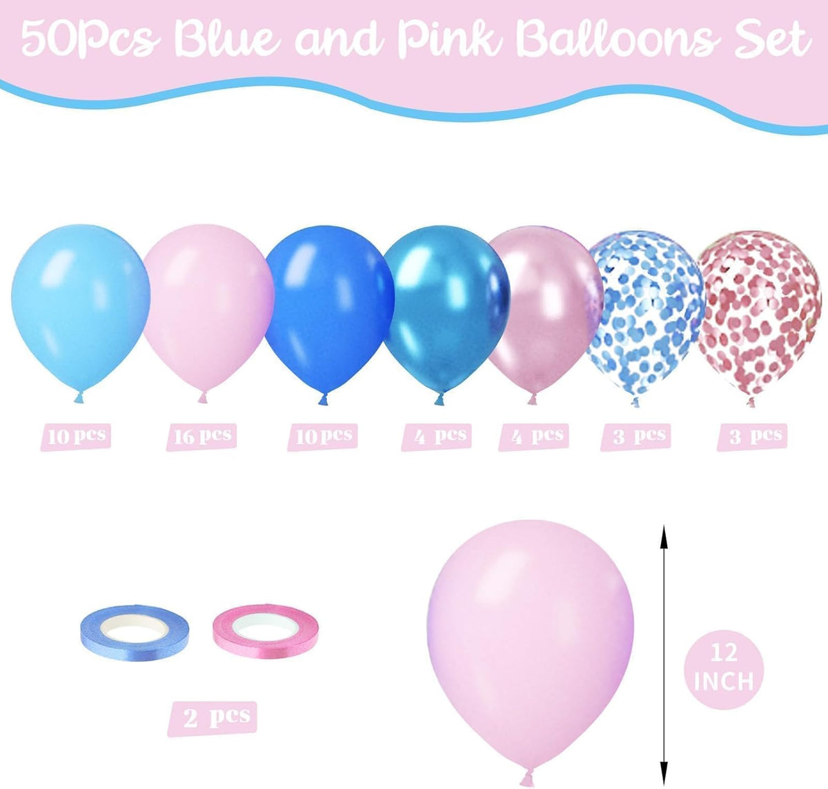 Paready Pink and Blue Balloon Set - 50Pcs 12 Inch Pastel Confetti, Royal and Metallic Balloons for