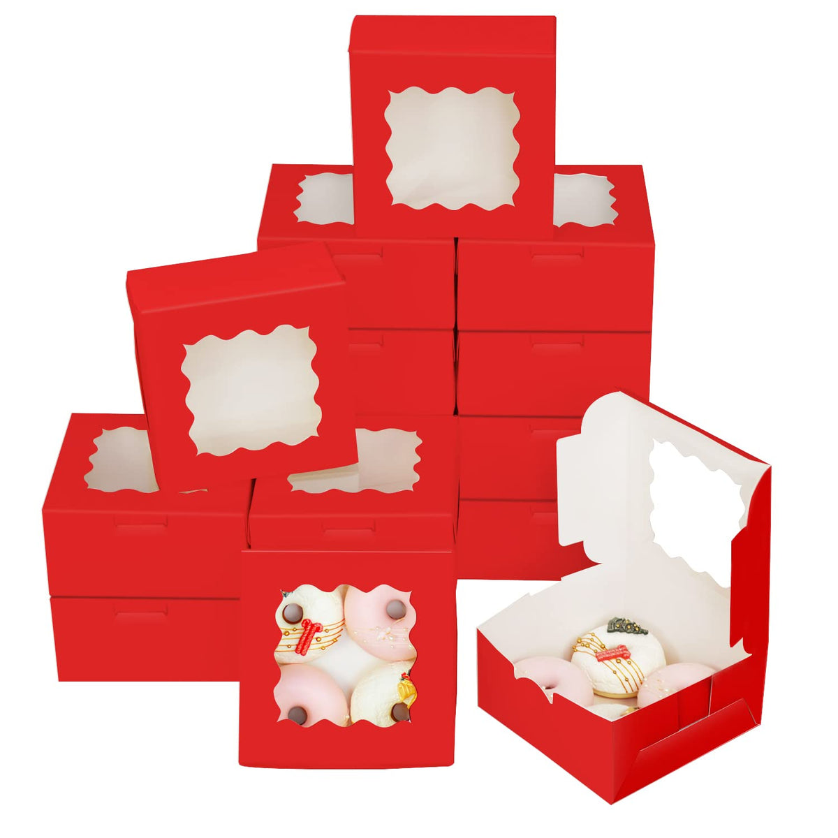 Bakepacker 100pcs Red Cookie Boxes 6x6x3 inches Easy Assemble Macaroon Pastry Boxes Bakery Boxes