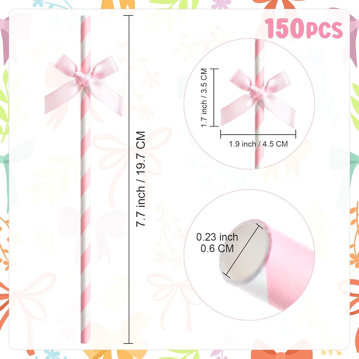 150 Pcs Pink Paper Straws for Drinking, Bow Disposable Striped Paper Straws Bulk Pink Theme