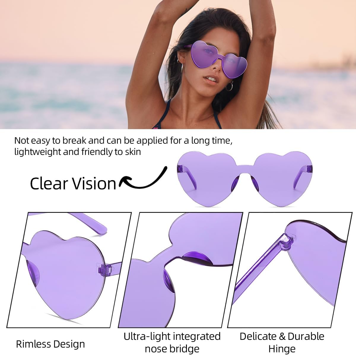 12/20/24 Pairs Heart Sunglasses for Women Men, Trendy Heart Shaped Rimless Transparent Sunglasses