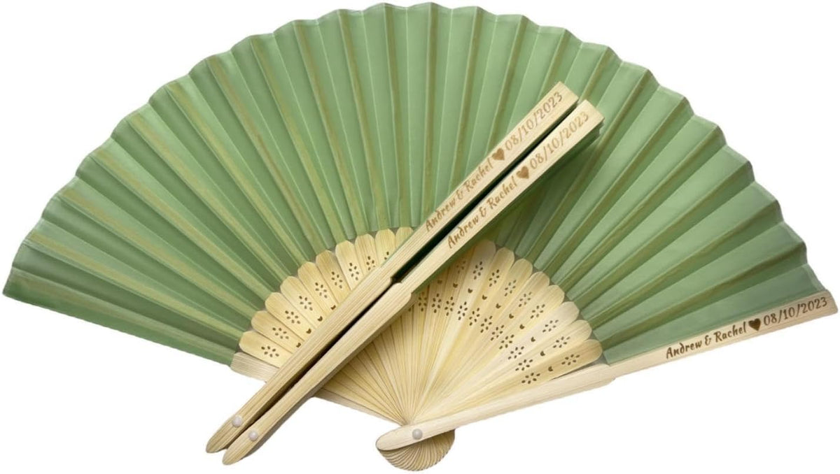 Personalized Wedding Fans Handheld Folding Fans (15Pcs) - Custom Engraved Green Silk Fans for