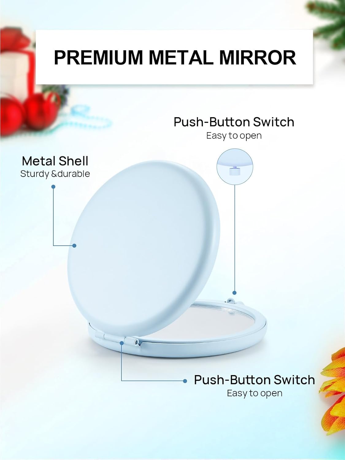 Compact Mirror for Purse, Double-Sided 1X/2X Magnifying Metal Pocket Makeup Mirrors(Round, Light