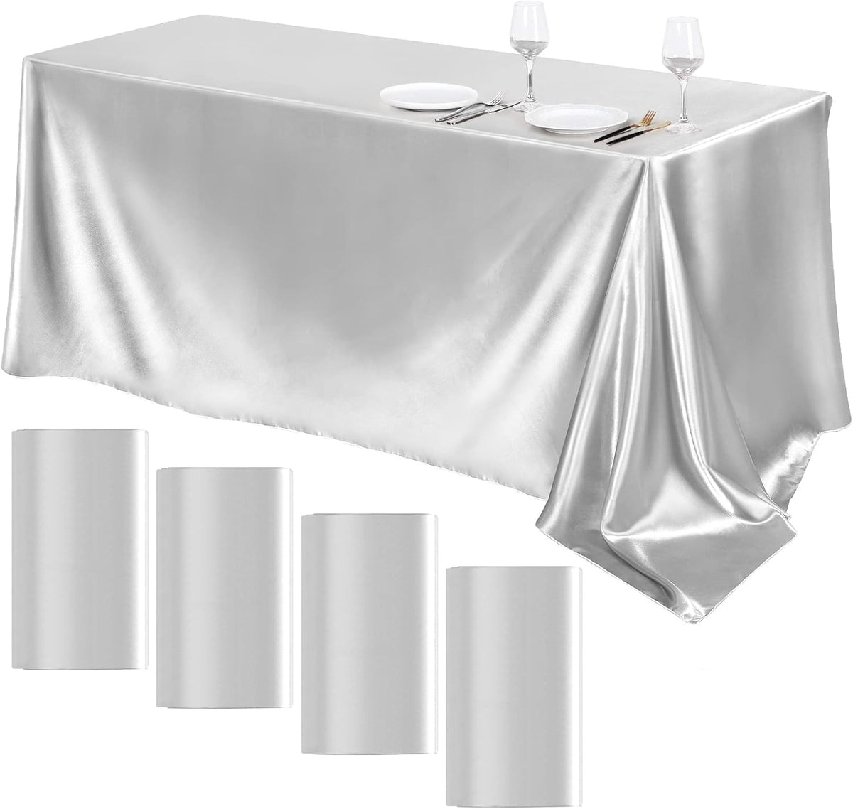 TURSTIN 4 Packs Silver Satin Tablecloth 102 x 58 Inch Overlay Satin Table Cover Rectangle Bright