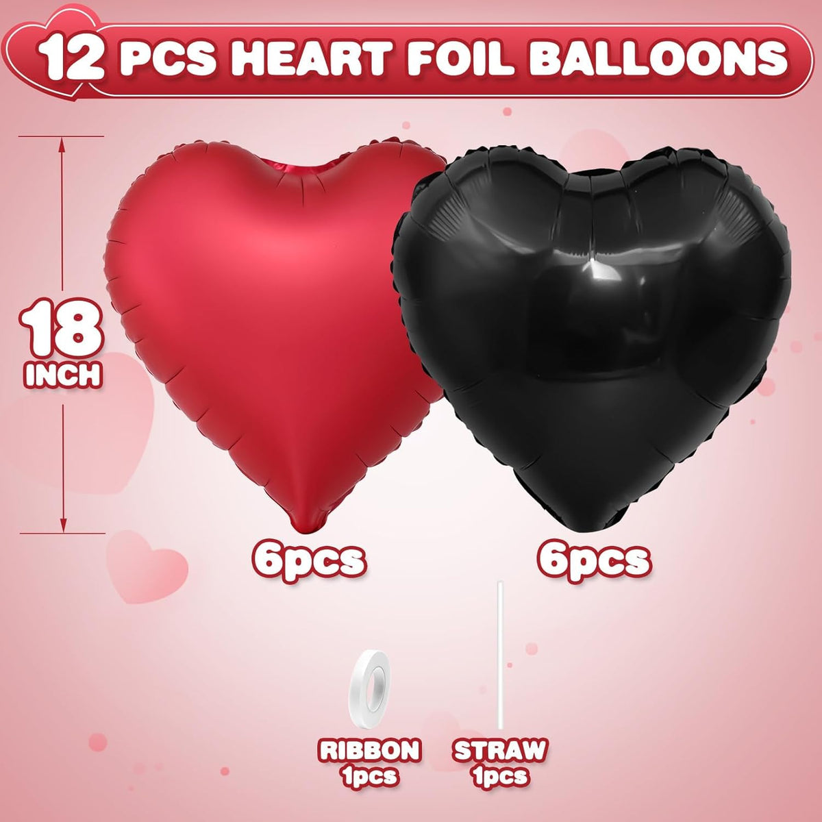 Black Red Heart Balloons,12Pcs 18Inch Black Metallic Red Heart Shaped Foil Helium Polyester Film