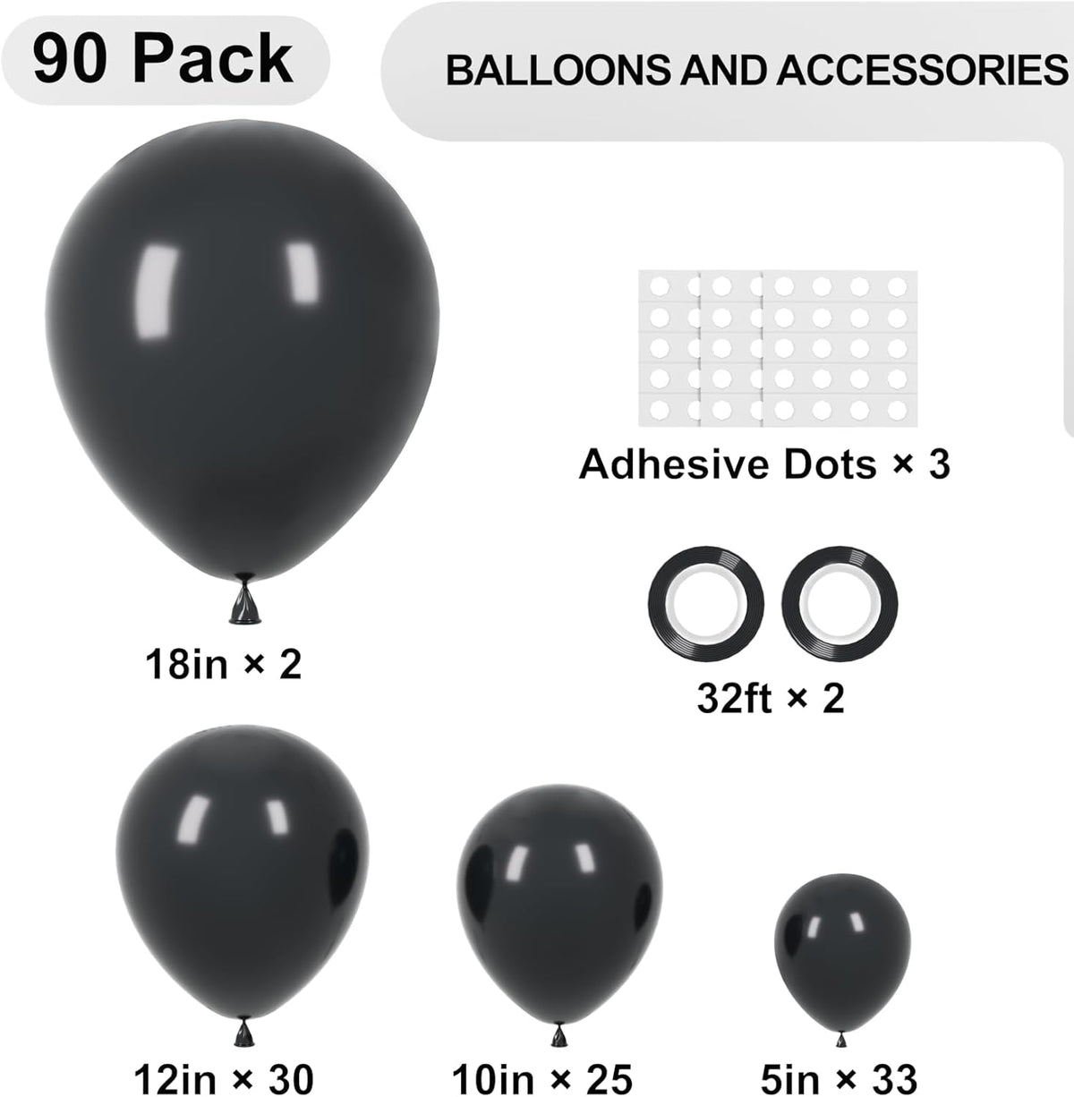 90pack Black Balloons Different Size 18/12/10/5 Inch Black Balloon Garland Arch Kit for Graduation