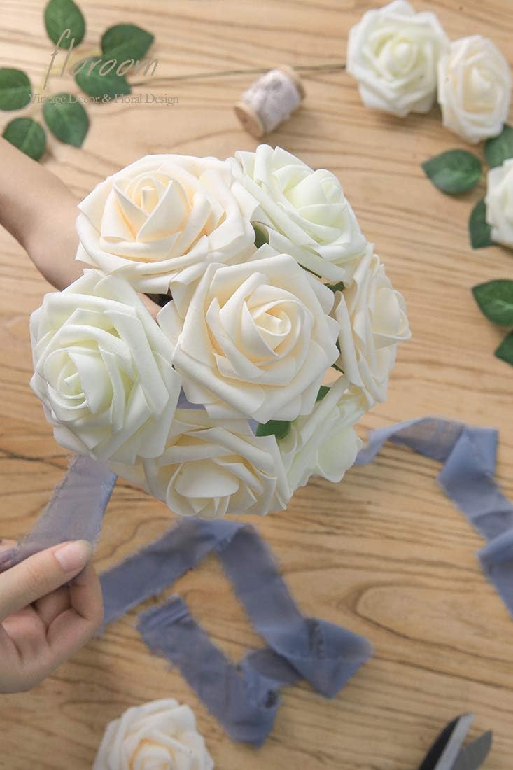 Floroom Artificial Flowers 25pcs Real Looking Champagne Foam Fake Roses with Stems for DIY Wedding