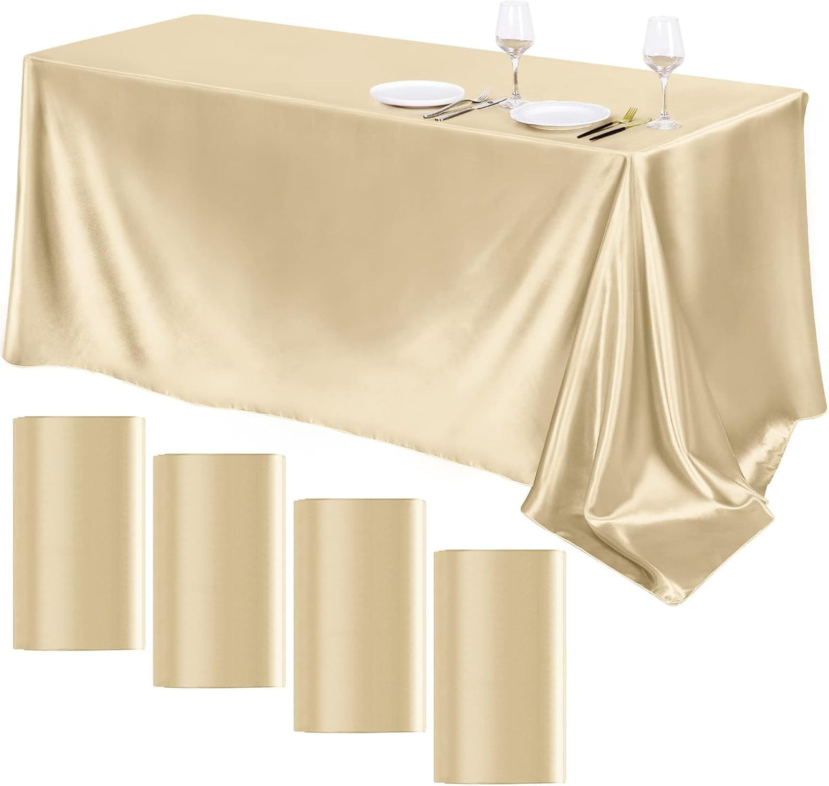 TURSTIN 4 Packs Champagne Satin Tablecloth 102 x 58 Inch Overlay Satin Table Cover Rectangle Bright