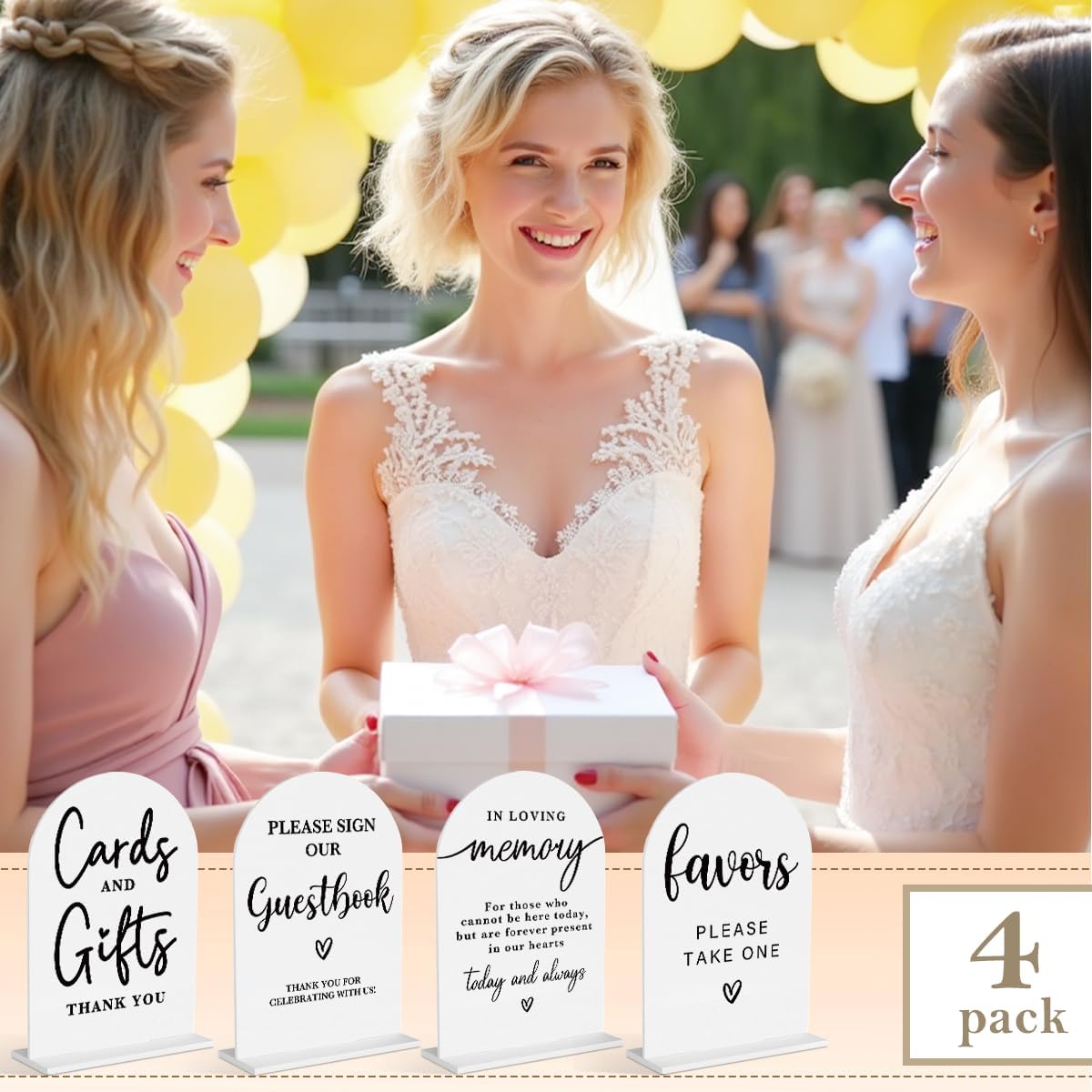 4 Pcs Acrylic Wedding Signs for Ceremony and Reception, Bridal Shower Decorations, Cards and Gifts