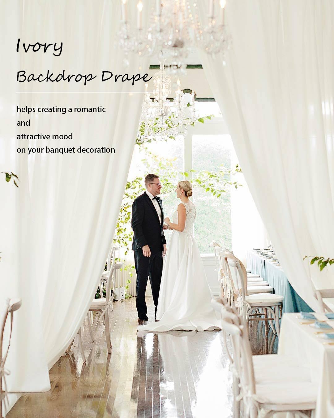 PartyVillage 50ft×15ft Ivory Backdrop Curtain for Wedding Parties, 10 Panels Wrinkle Free 15 FT