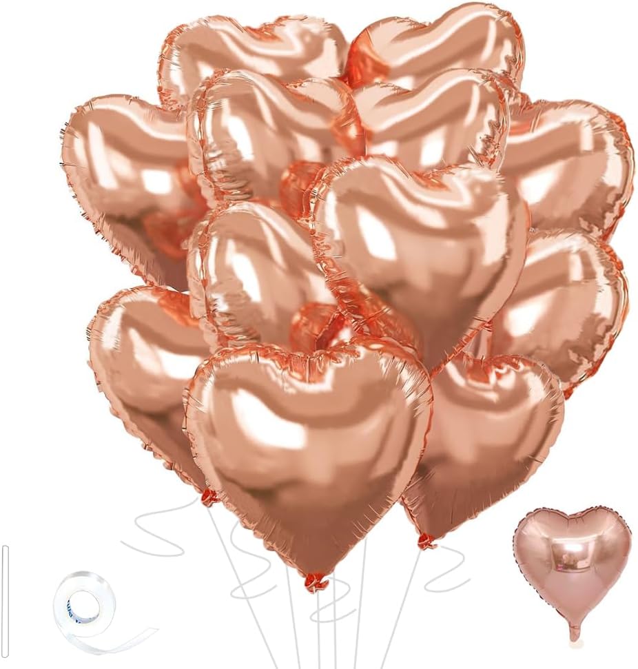 Rose Gold Heart Balloons，18 Inch Foil Mylar Love Heart Shaped Balloons for Anniversary Wedding