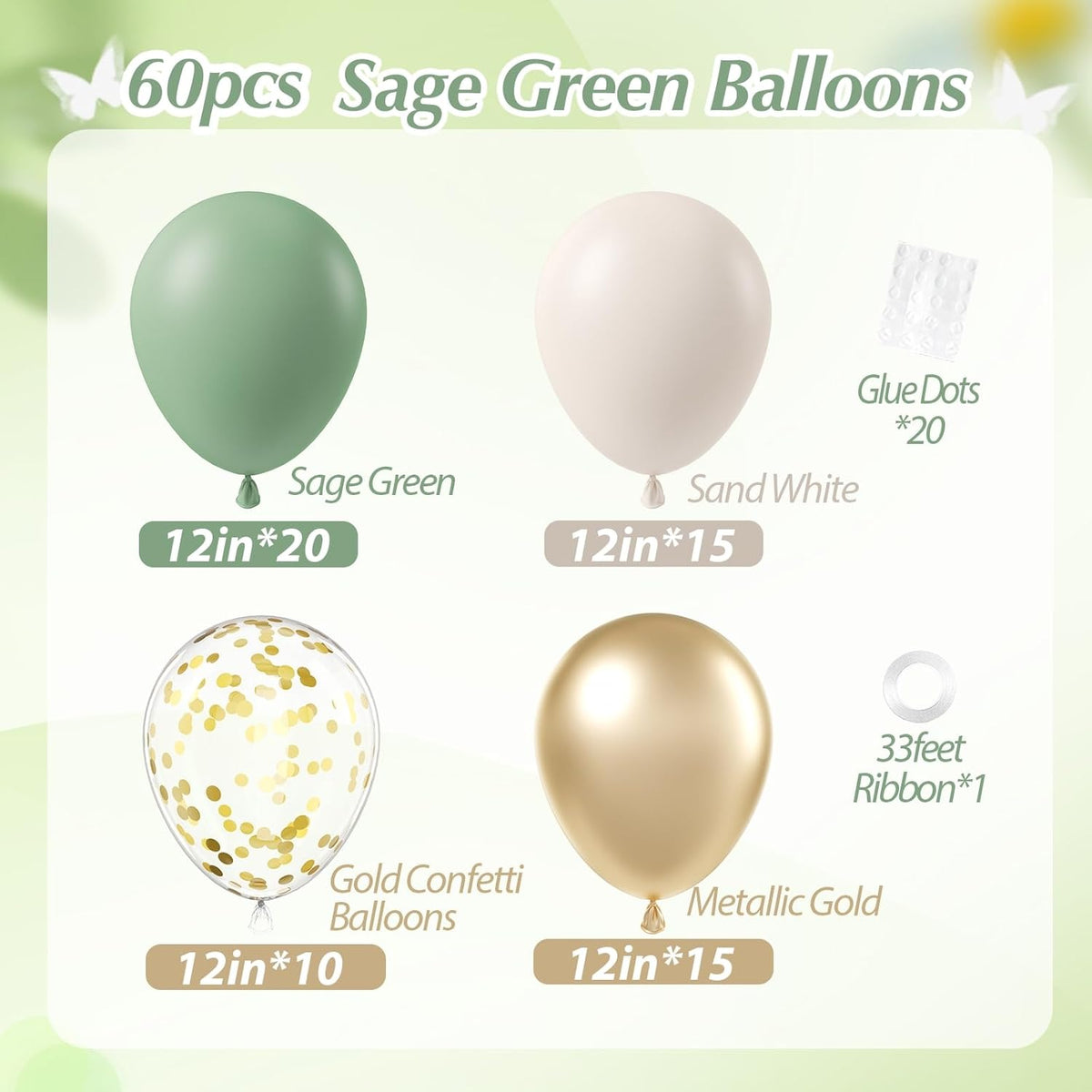 Sage green Balloons, 60pcs 12inch Sage green Sand White Metallic Gold Confetti Balloons for Boho