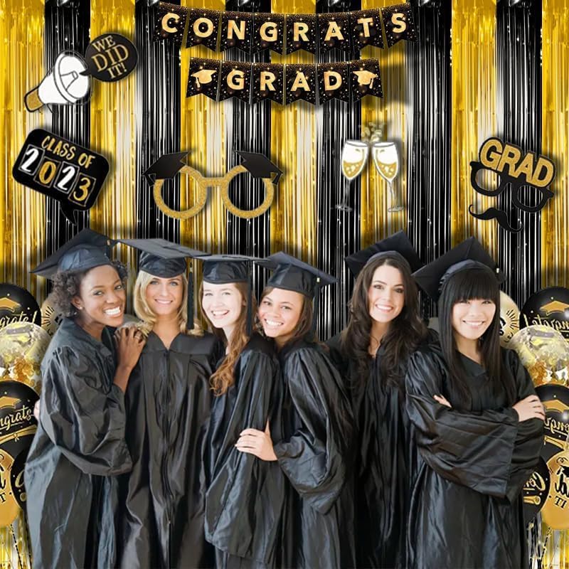 BRAVESHINE 3.2 x 8.2 ft Black Gold Foil Fringe Curtains - 2 Pack Metallic Photo Booth Streamers