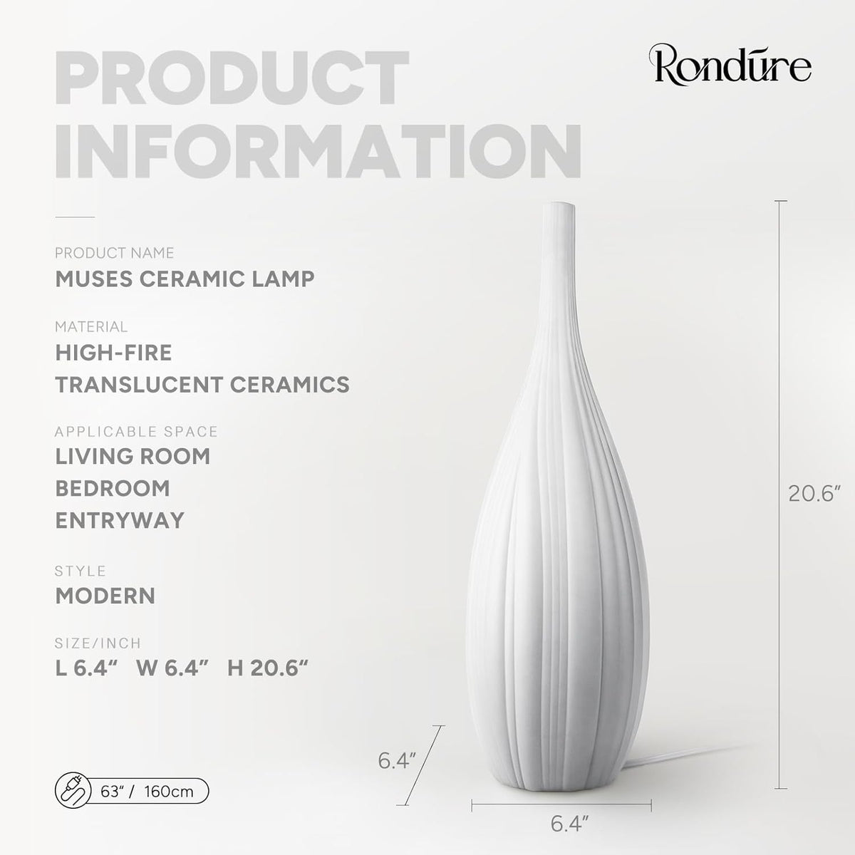 RONDURE 20.6" Modern Ceramic Table Lamp, Modern Bedside Lamps for Bedroom, Living Room and