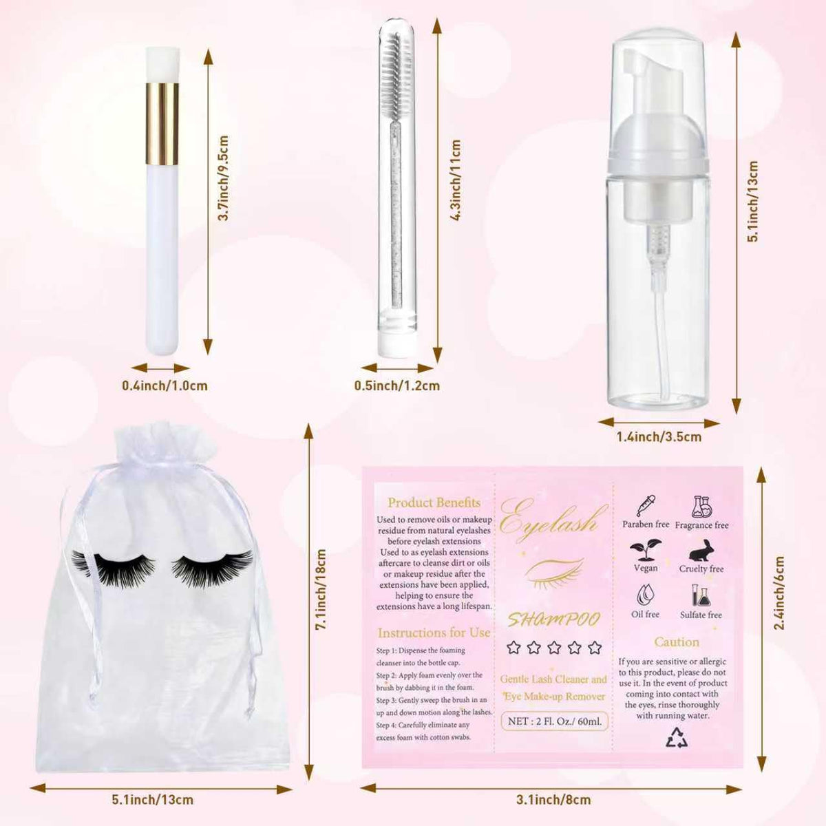 50 Pcs Lash Shampoo Bottle Brushes Set 10 Empty Foam Pump Dispensers 10 Label Stickers 10 Mascara