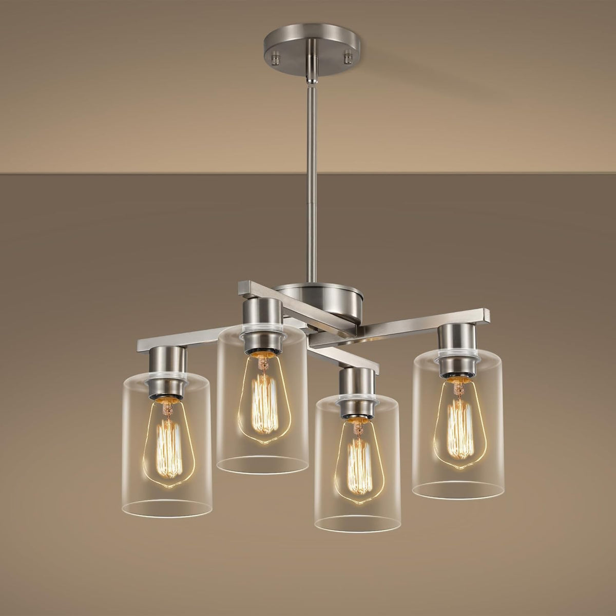 4-Light Modern Farmhouse Brushed Nickel Chandelier, Dining Room Light Fixture Over Table Adjustable