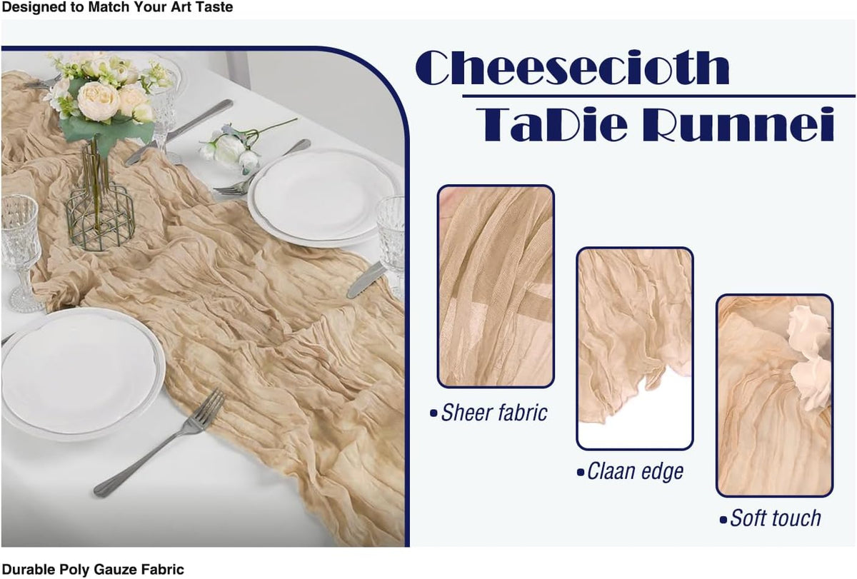 12 Pack Beige 10 Ft Cheesecloth Table Runner 20x121 Inch Boho Wrinkled Sheer Romantic Gauze Decor