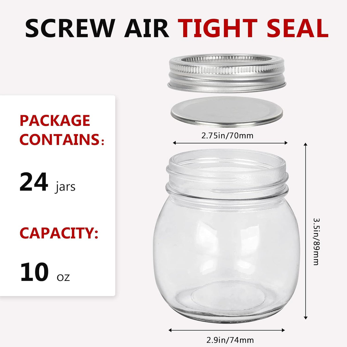 10 oz Mason Jars, 24 Pack 300ml Glass Canning Jars with Regular Mouth Lids, Glass Jars Storage