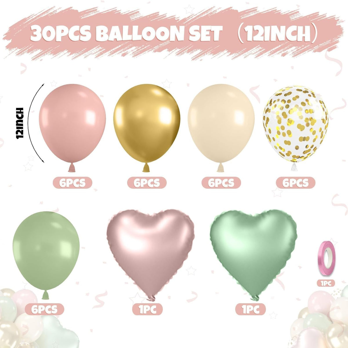 Pink and Green Balloons, 12 Inch Retro Sage Green Pink Nude Metallic Gold Confetti Balloons with