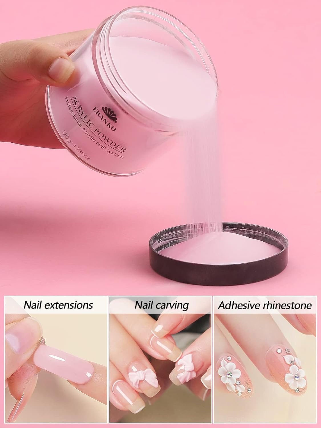 EBANKU Acrylic Powder Pink 120g/4.23oz Acrylic Nail Powder, Long Lasting 3D Fingernail Carving &