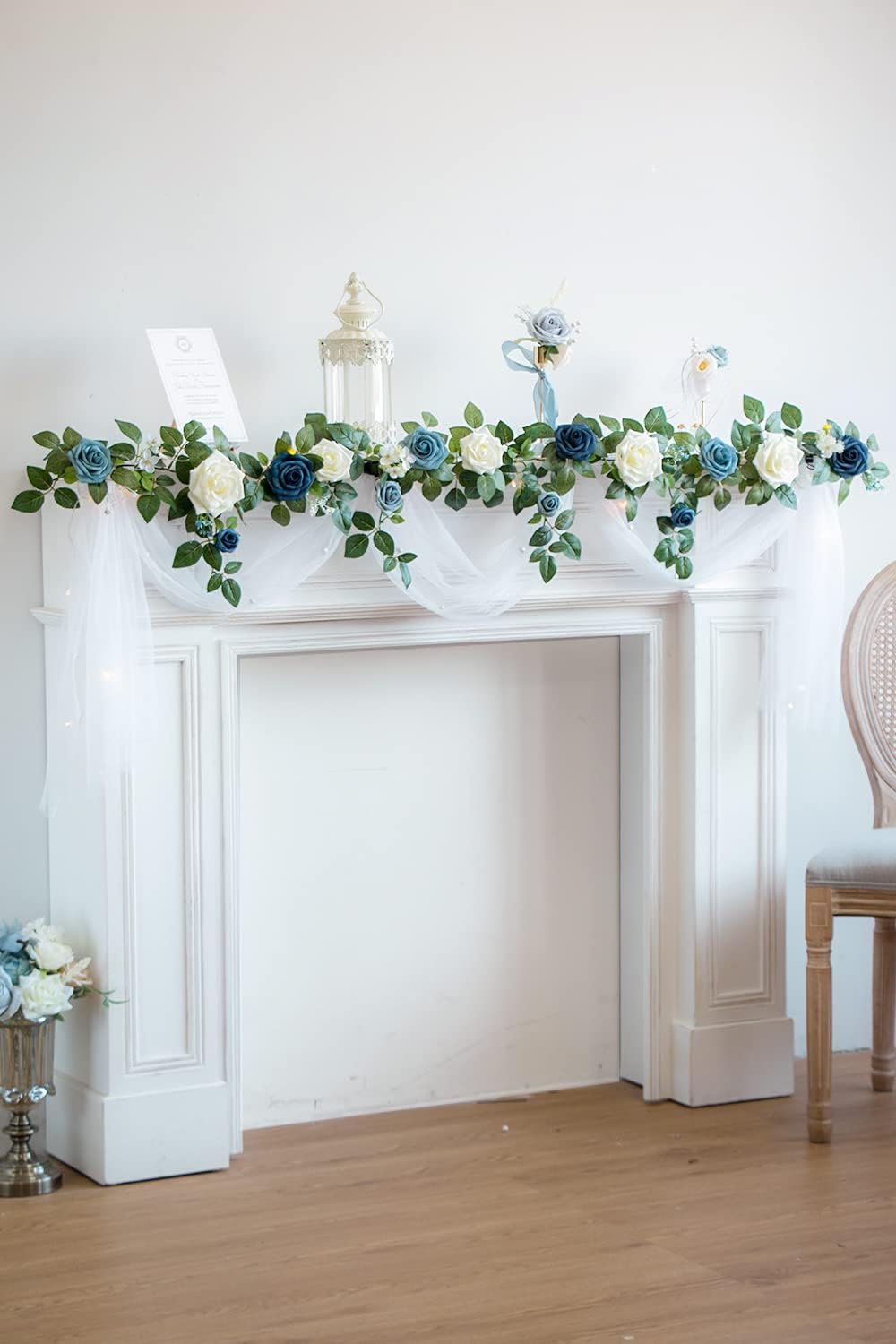 PONATIA 5FT Handcrafted Artificial Rose Flower Garland, Dusty Blue Flowers Greenery Garland for