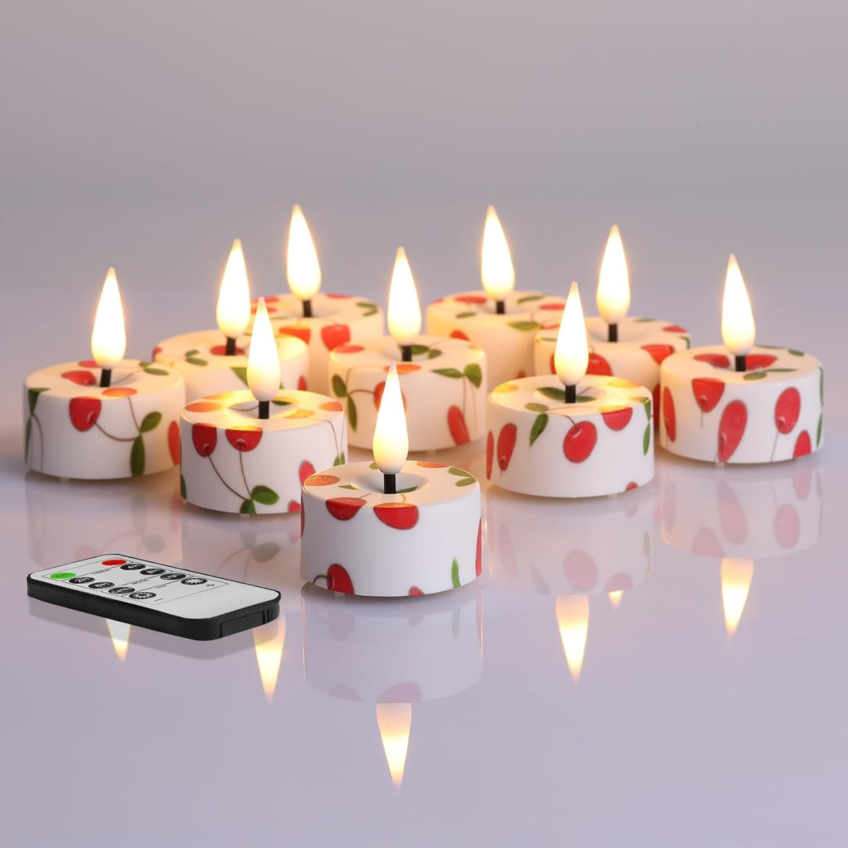 Eywamage Cherry Flameless Tealights with Remote Batteries, Flickering Plastic LED Tea Votive