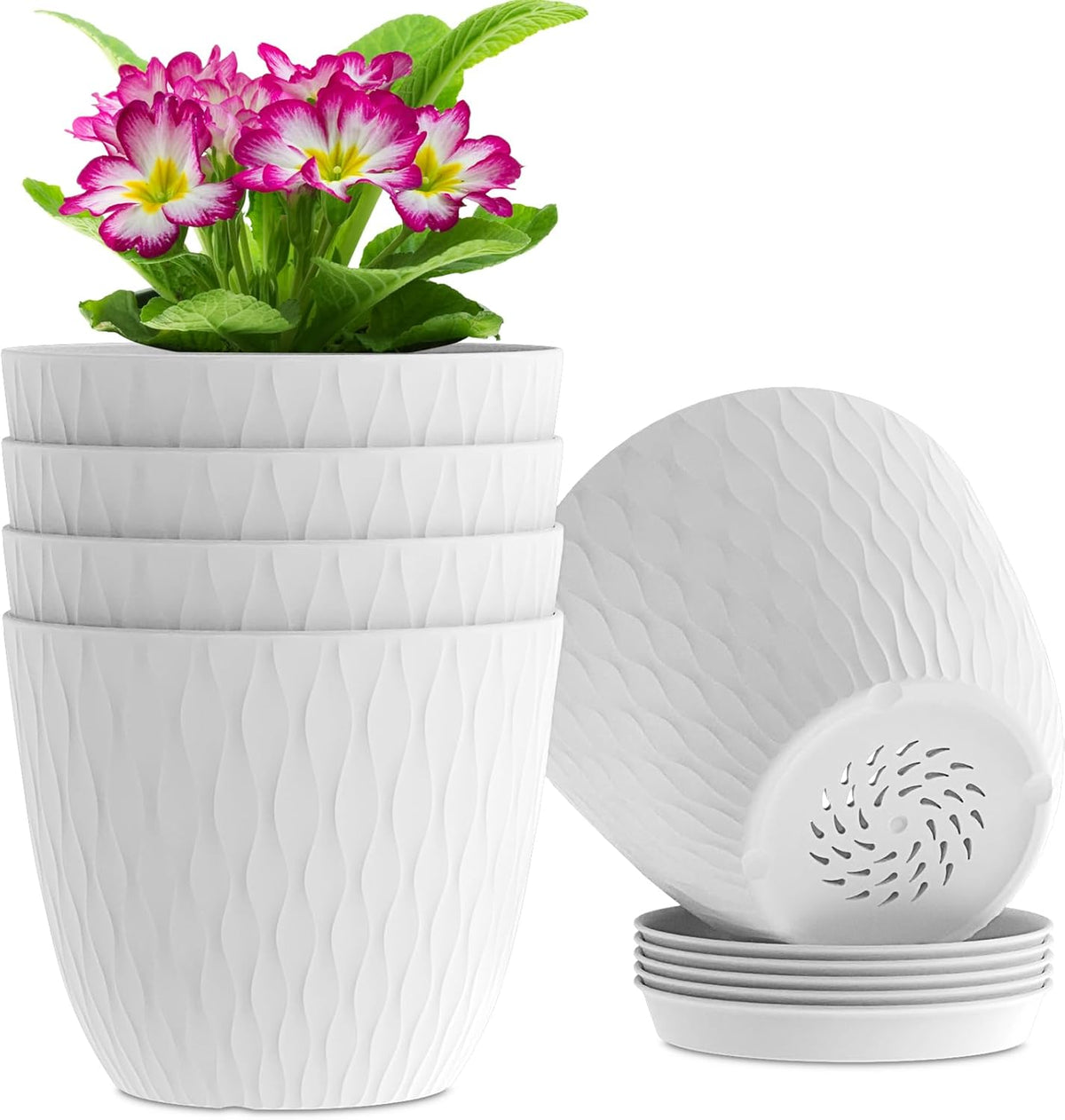 6 inch Flower Pots, 5 Pack Plant Pots with Drainage Holes and Saucers for Indoor Plants, Plastic