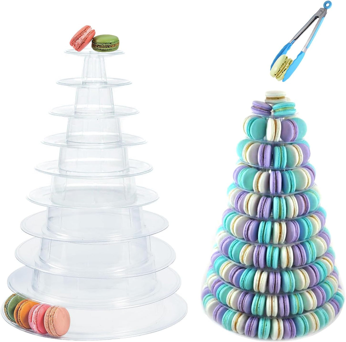 10 Tiers Macaron Tower Stand, Macaroon Tower Stand with Tongs Round Cupcake Cake Stand Desserts