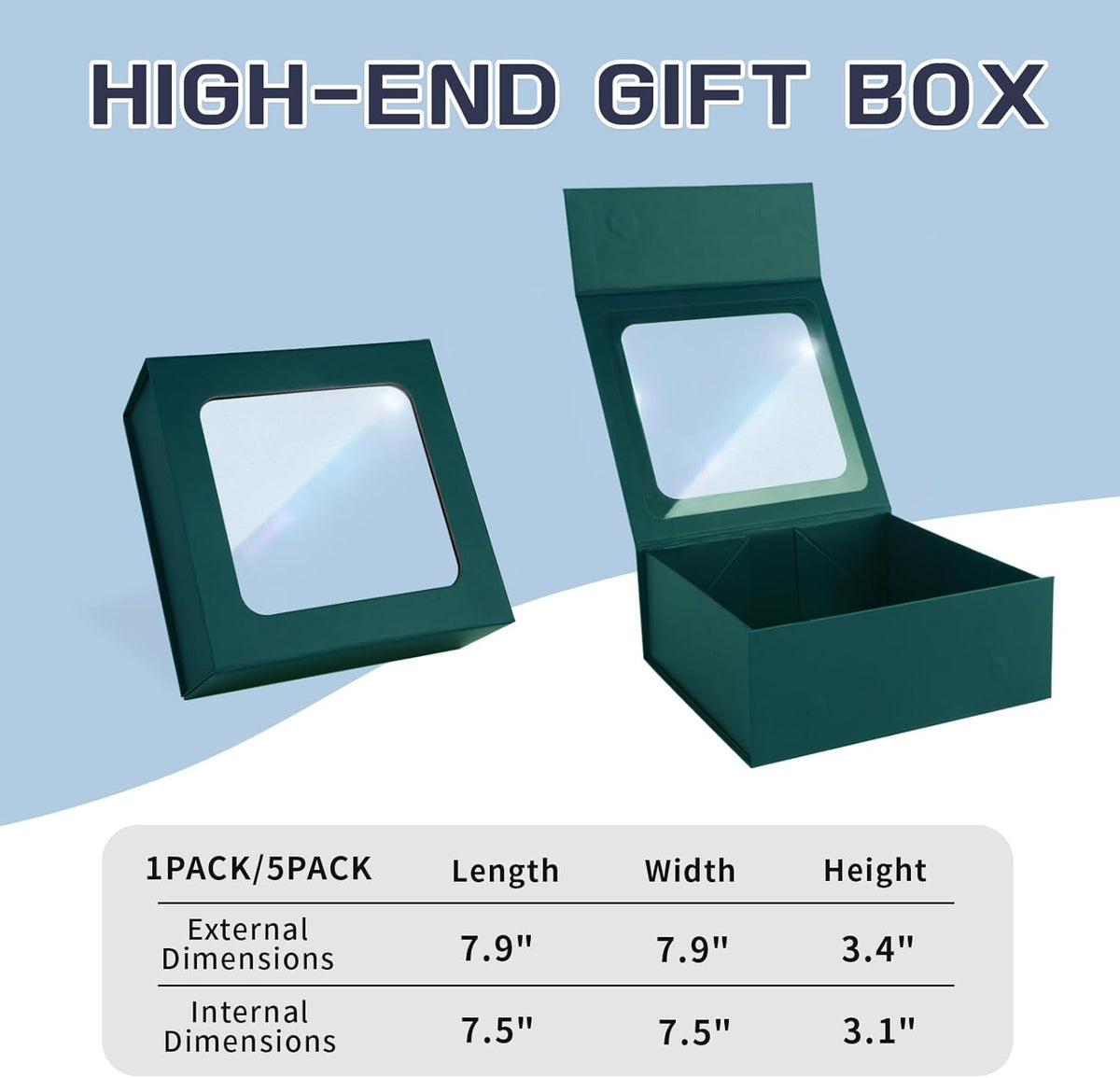 TIACABO Green Gift Box with Window,7.5"x7.5"x3.1" Bridesmaid Boxe for Gifts Giving,Birthday Gift