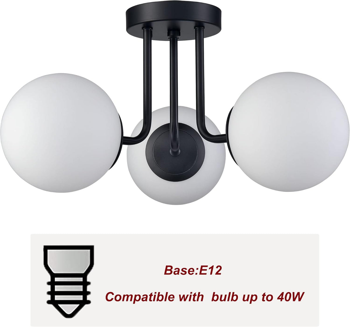 3-Light Modern Black Metal Semi Flush Mount Ceiling Light with White Globe Glass Shade Ceiling