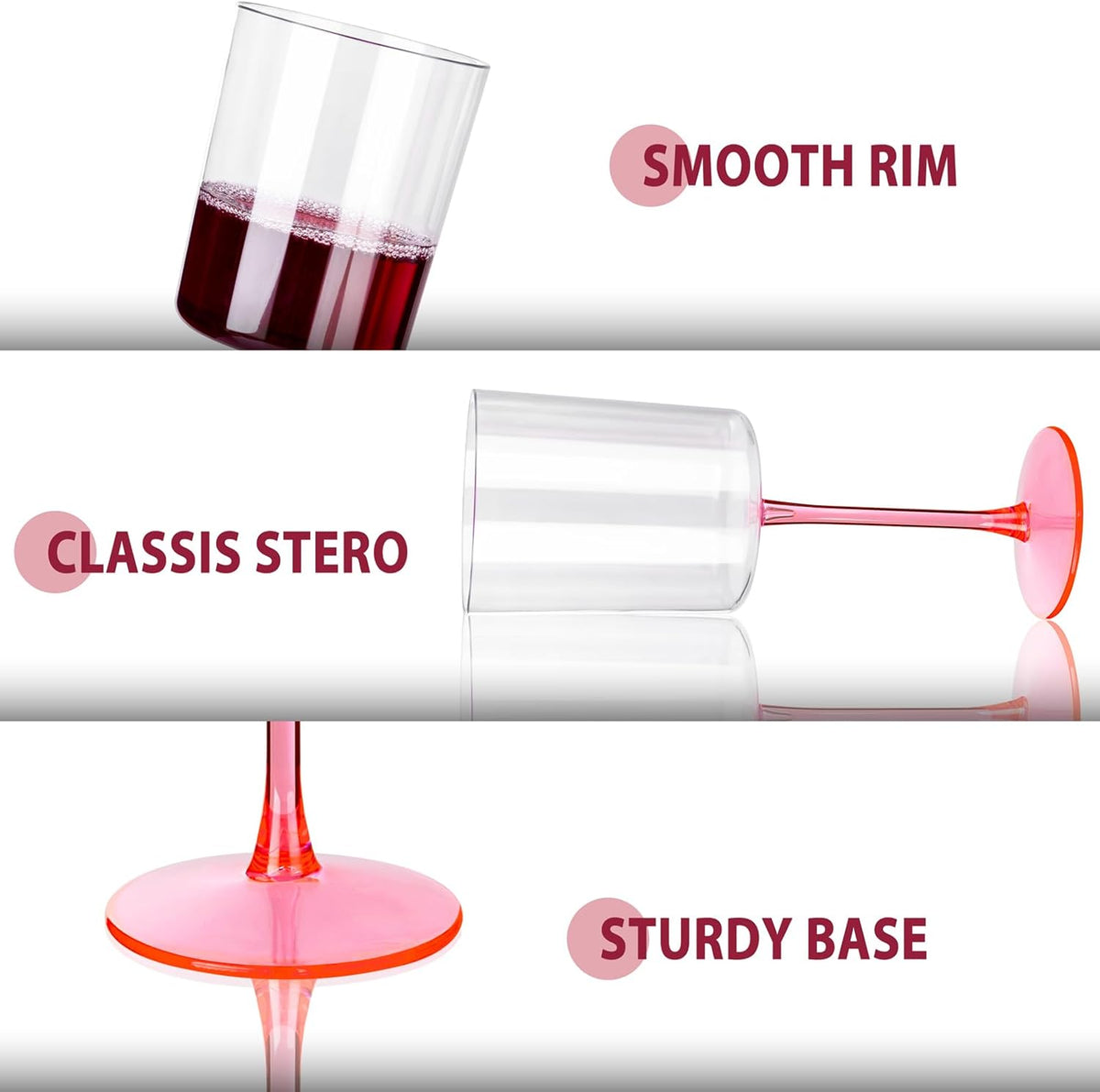 Ciaell 12 Pack 10 Oz Clear Plastic Wine Glasses with Pink Stem - Disposable Cocktail Goblets