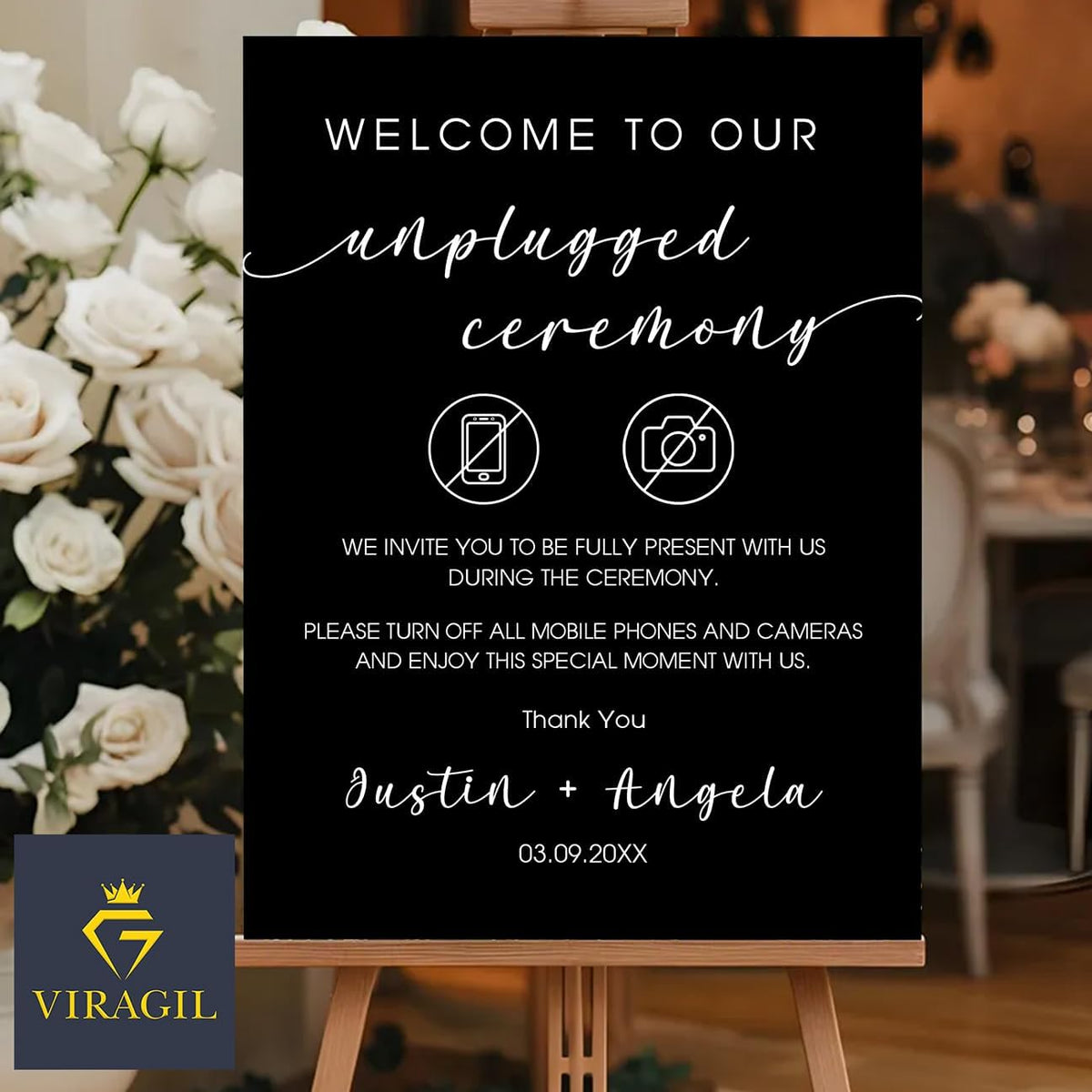 Wedding Unplugged Ceremony Yard Sign – No Phones or Cameras Icon – Outdoor Sign Personalized