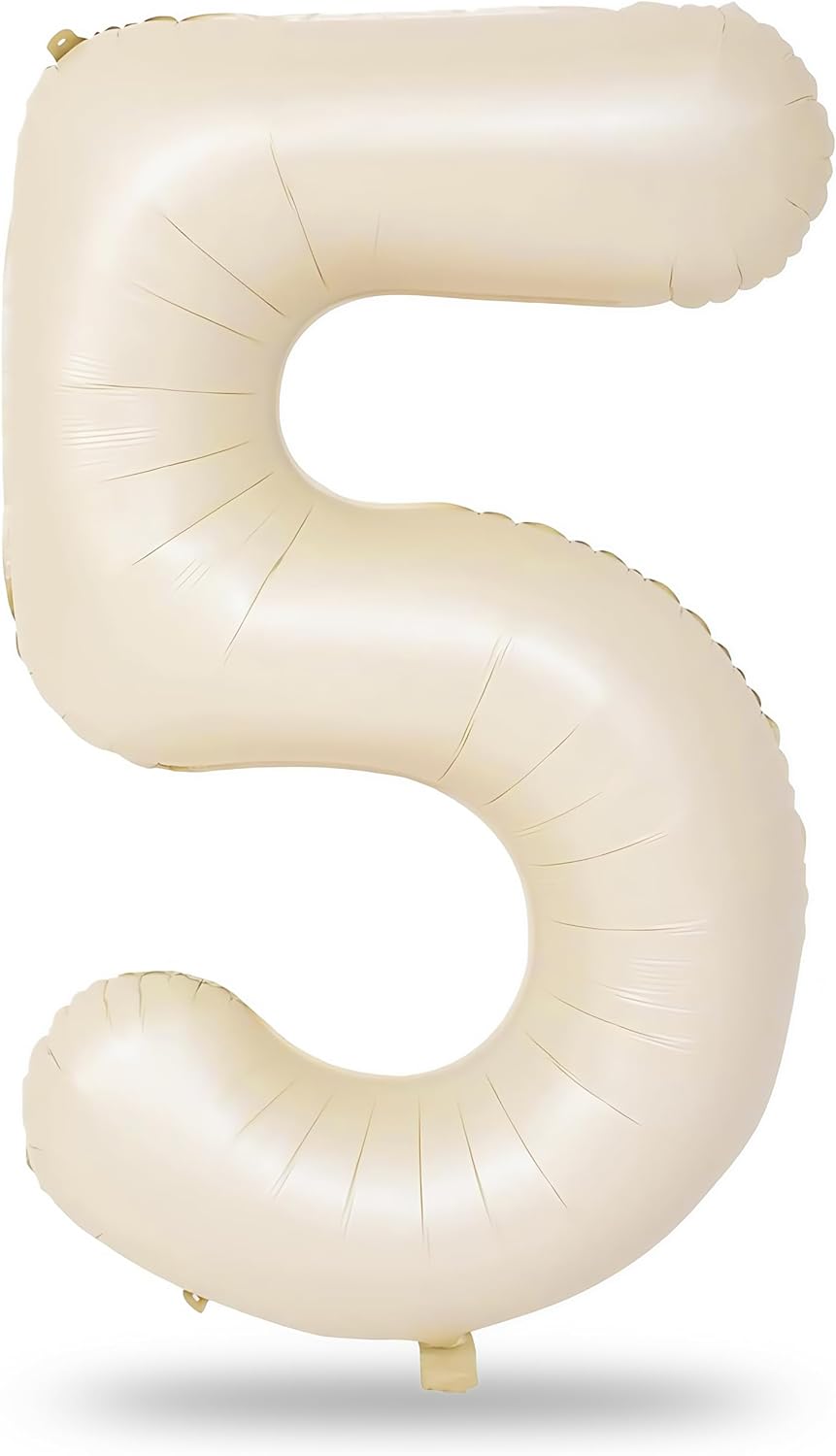 Beige Number 5 Balloon for Girls Boys, 40 Inch Large Cream Number 0-9 Foil Mylar Helium Digital