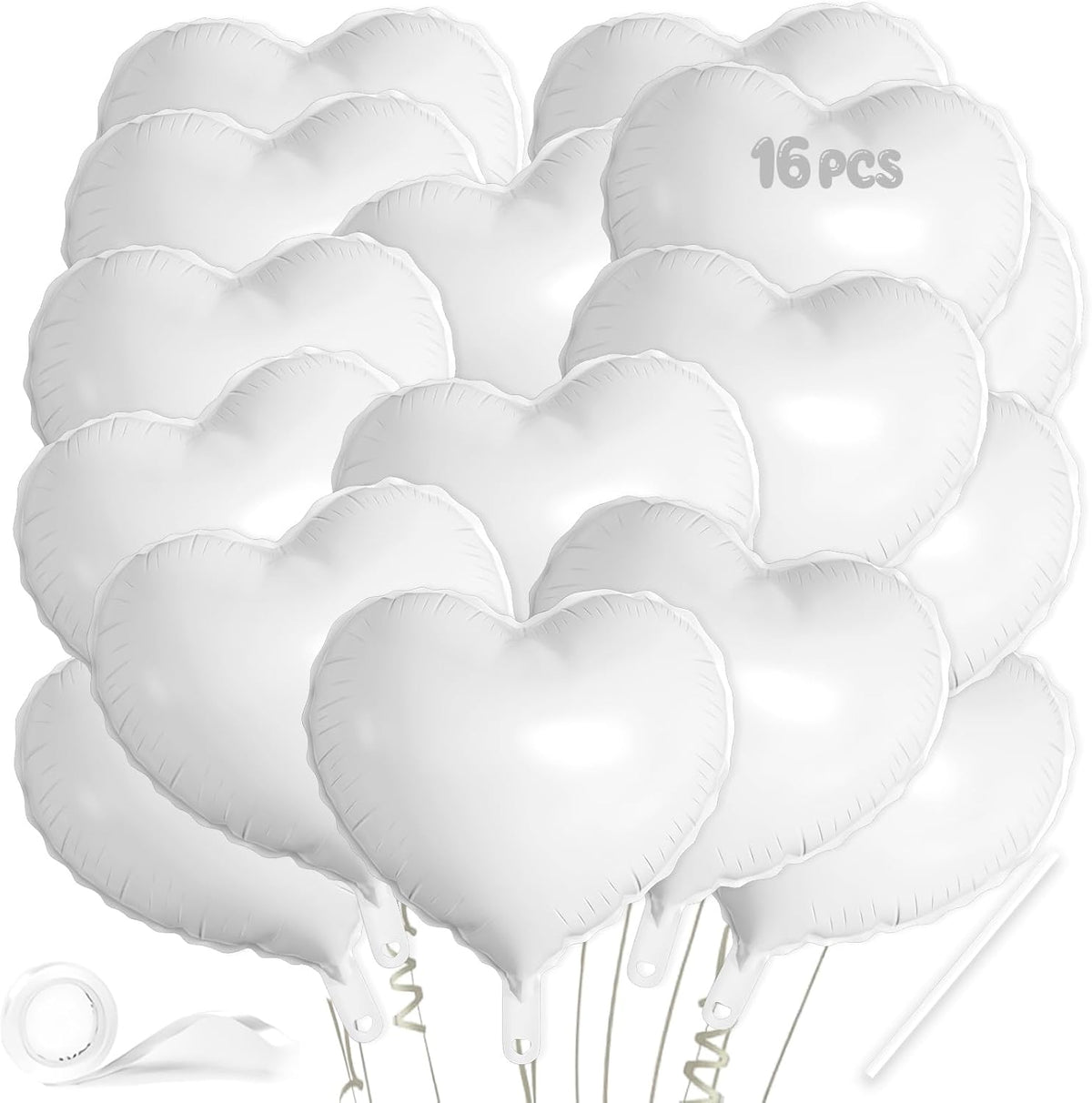 16 Pcs Heart Balloons, 18 Inch White Love Heart Shaped Foil Balloons for Wedding Anniversary