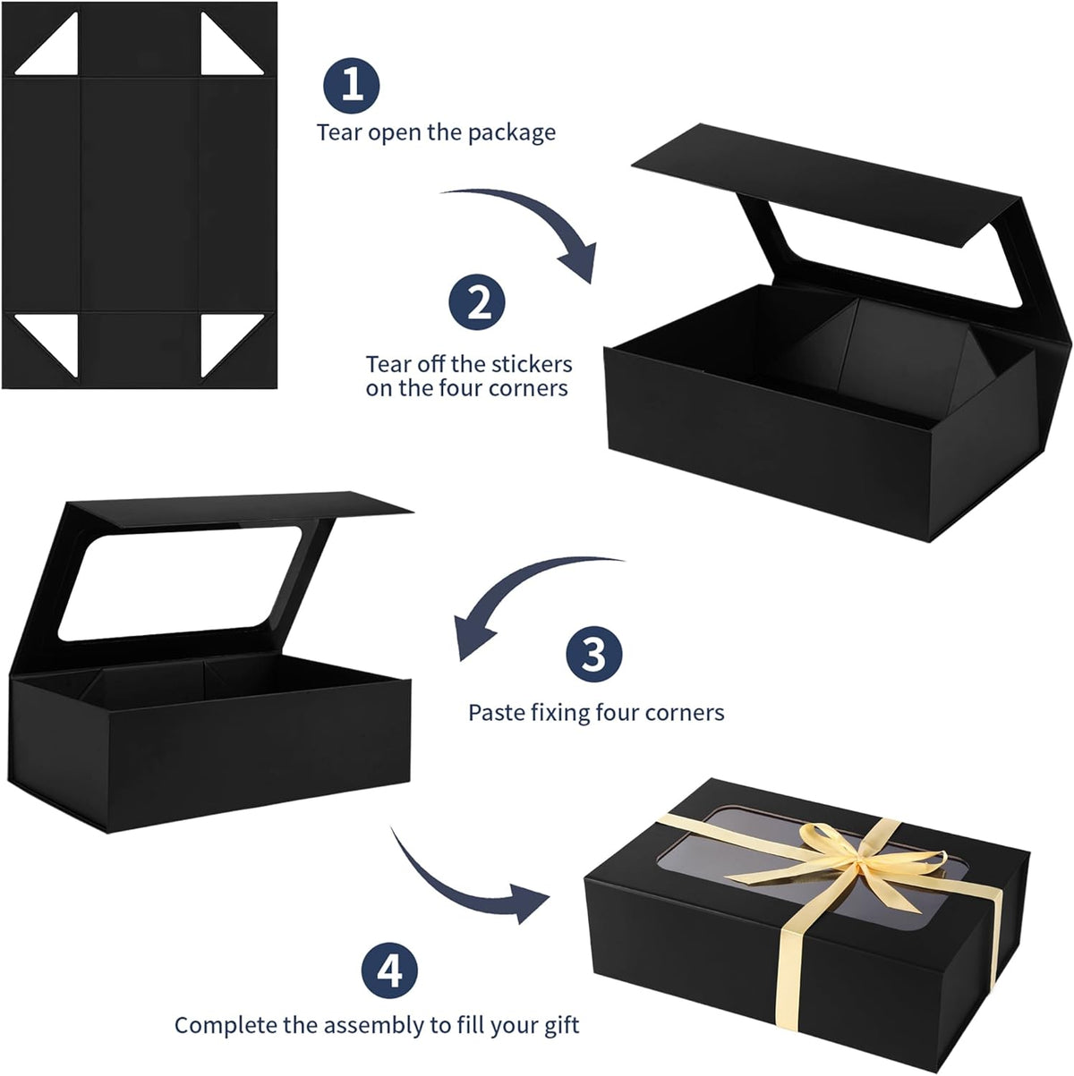 Black Large Gift Boxes with Window, 13.5"x9"x4.3" Bridesmaid Boxe for Gift Giving,Birthday Gift Box