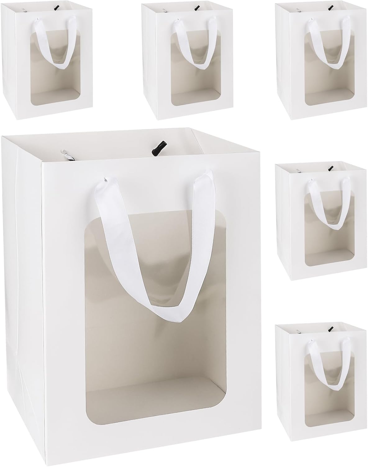 MOXARYSU 6 Pcs White Gift Bags with Clear Window: 9.8x5.1x7.1 Inch Medium Kraft Paper Bags with
