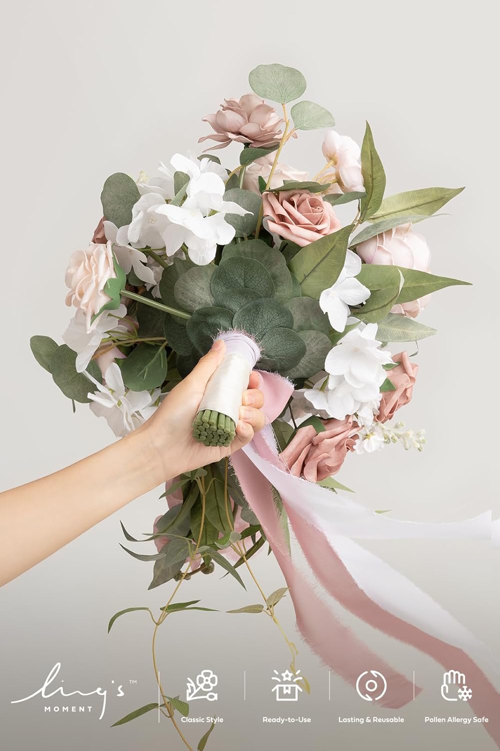 Ling's moment Dusty Rose Bridal Bouquet Cascading, Pink Wedding Bouquets for Bride, 15 Inch Bride