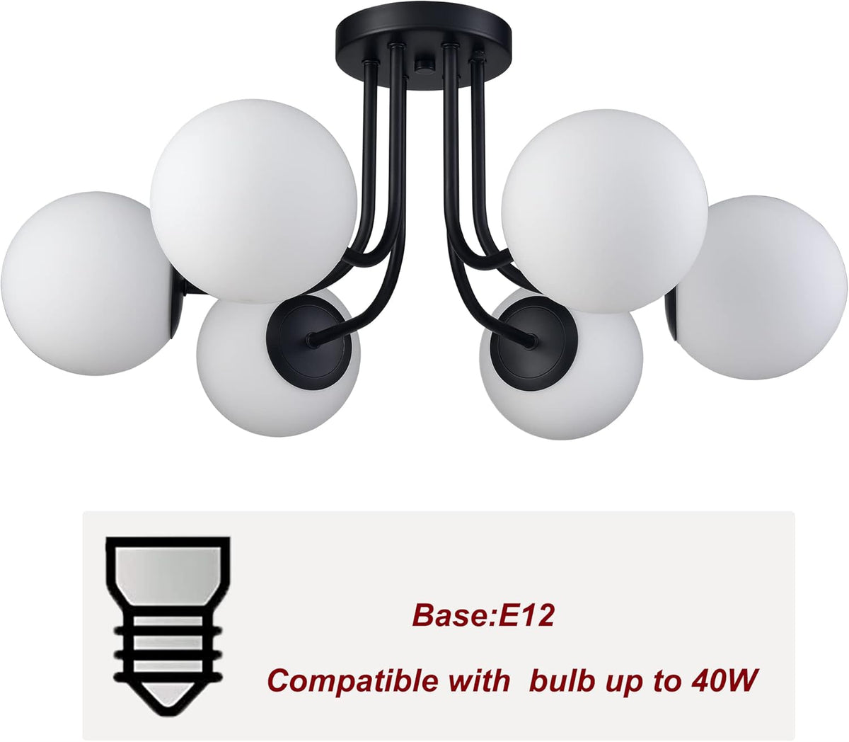 Modern 6-Light Black Metal Semi Flush Mount Ceiling Light With Globe White Glass Shade for Living
