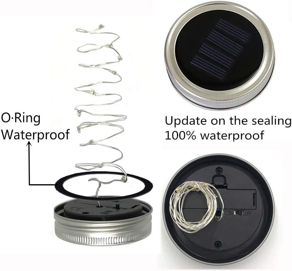 Solar Mason Jar Lights, 6 Pack 10 LED Jar Lid String Lights with 6 Hangers(No Jars), Waterproof
