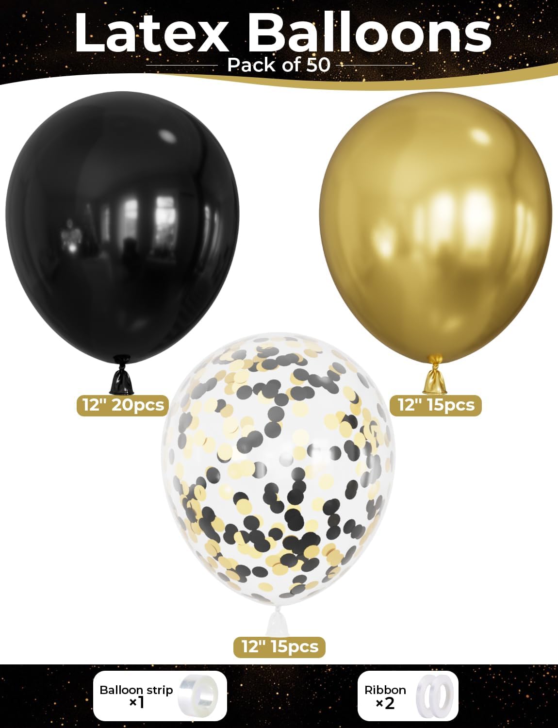 Black and Gold Balloons - 50PCS 12 Inch Metallic Gold Balloons Confetti Balloon Thickened Latex