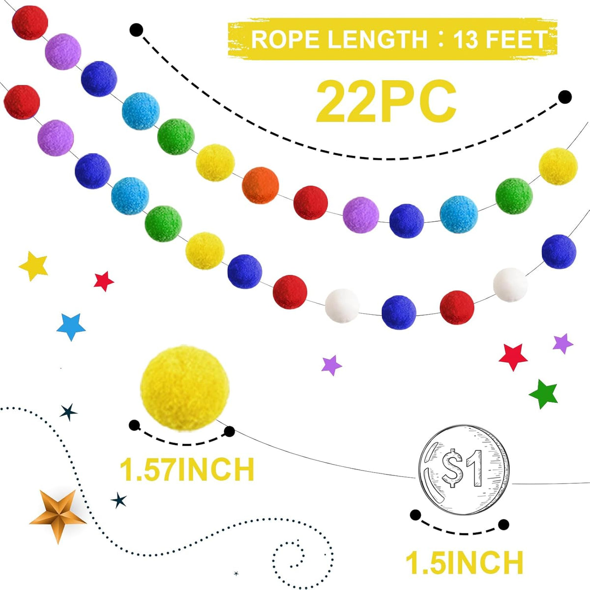 TBD Decor 2pk Rainbow Color Pom Pom Garland 13FT Colorful Large Felt Ball Garland for Mantle,Indoor