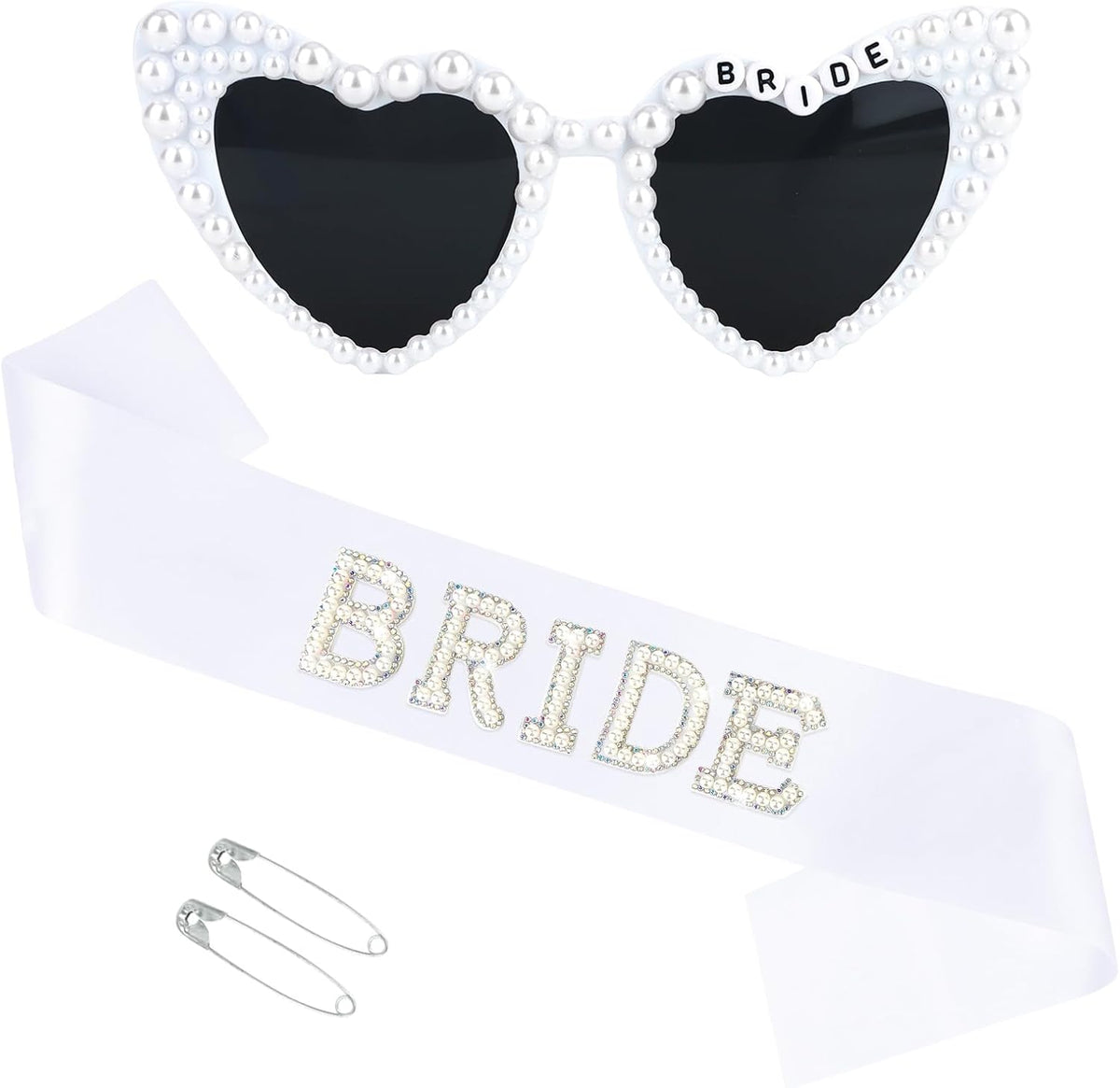 White Bride Sash & Heart Sunglasses Set Bachelorette Party Decorations Bridal Shower Engagement